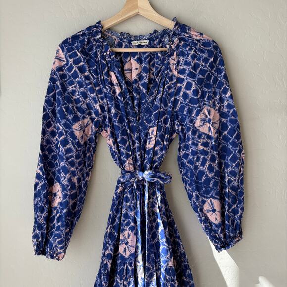 Ulla Johnson Dress Blue Geo Floral Print Bevyn Long Sleeve‎ Midi Dress Size 2 - Picture 4 of 9